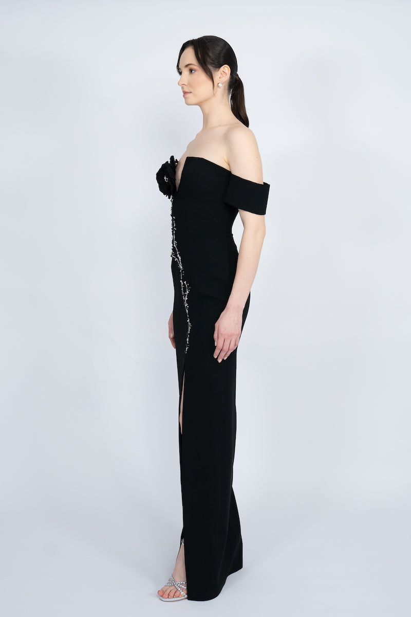 BLACK OFF-SHOULDER LONG DRESS - CULT MIA