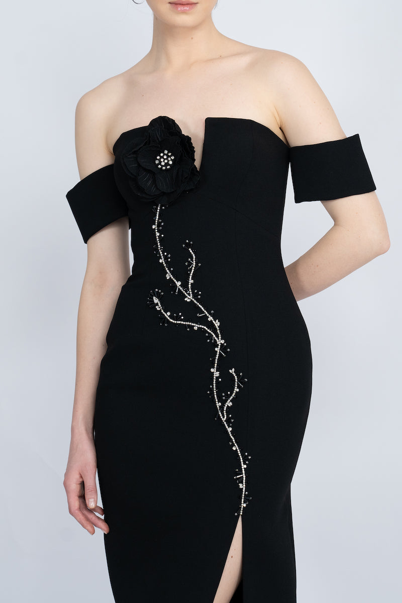 BLACK OFF-SHOULDER LONG DRESS - CULT MIA