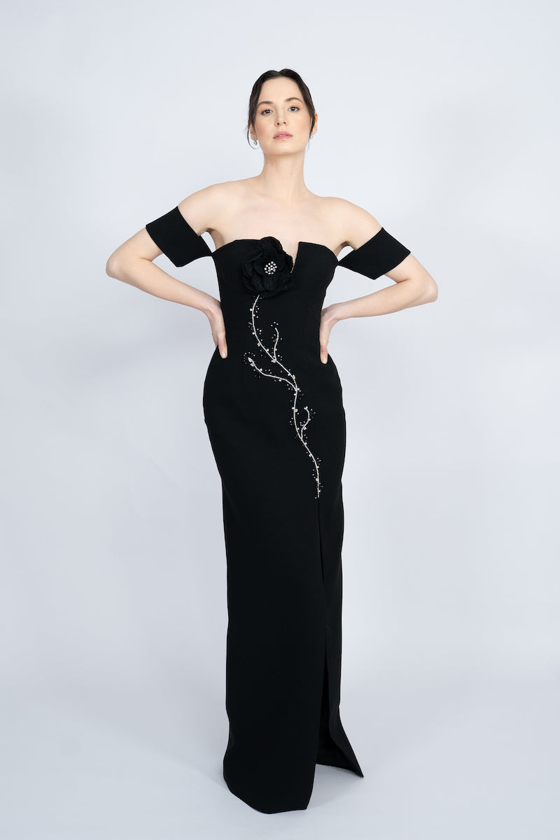 BLACK OFF-SHOULDER LONG DRESS - CULT MIA