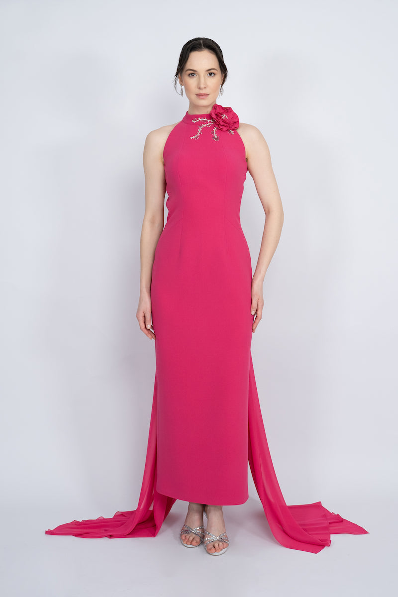 FUCHSIA HALTERNECK WITH LONG CAPE MAXI DRESS - CULT MIA