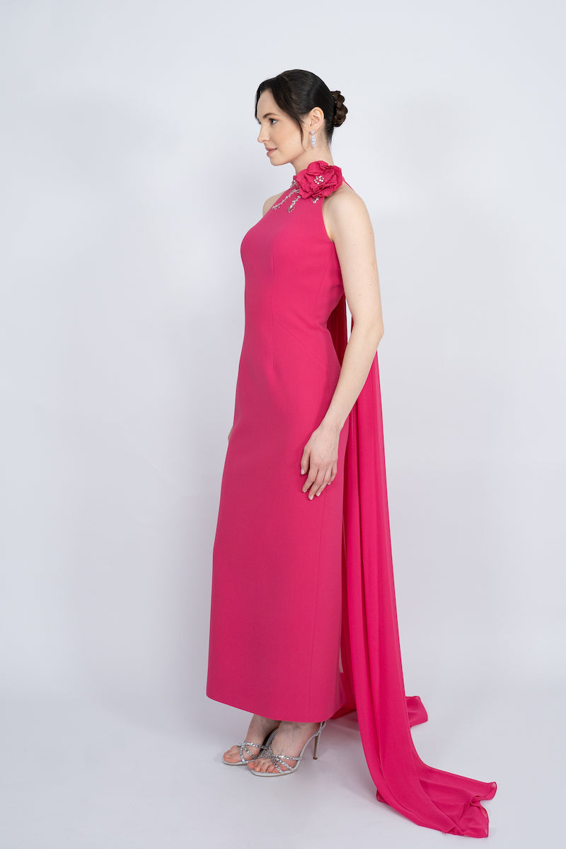 FUCHSIA HALTERNECK WITH LONG CAPE MAXI DRESS - CULT MIA