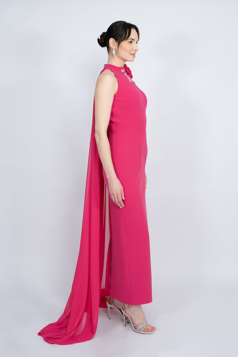 FUCHSIA HALTERNECK WITH LONG CAPE MAXI DRESS - CULT MIA