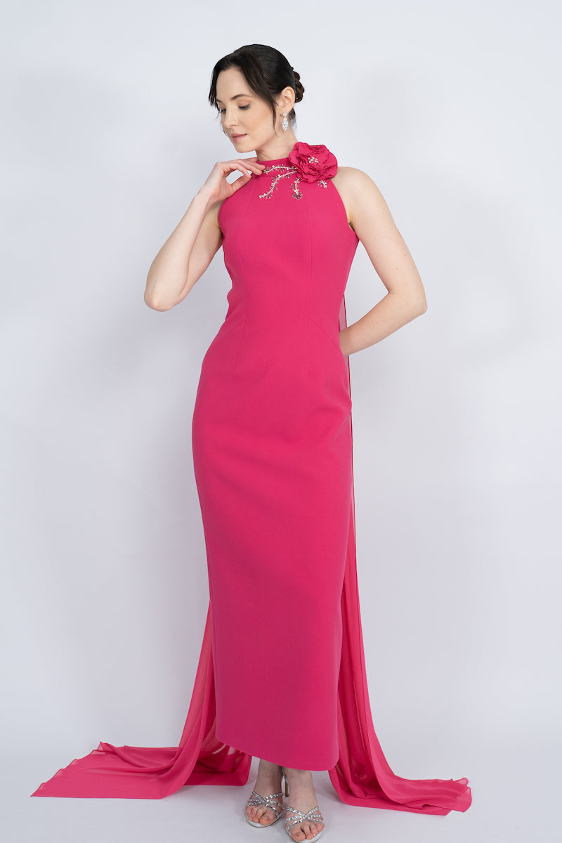 FUCHSIA HALTERNECK WITH LONG CAPE MAXI DRESS - CULT MIA