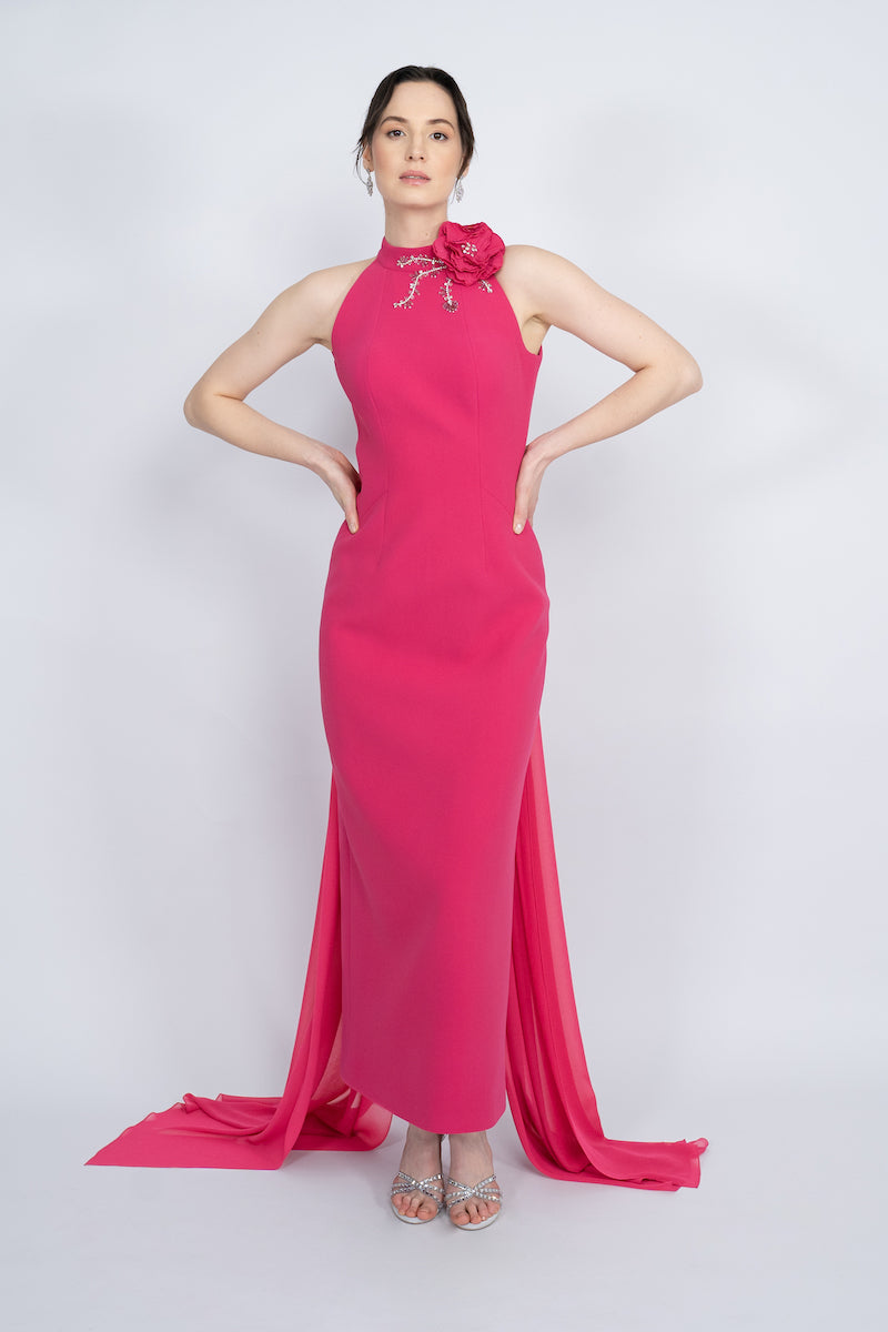 FUCHSIA HALTERNECK WITH LONG CAPE MAXI DRESS - CULT MIA