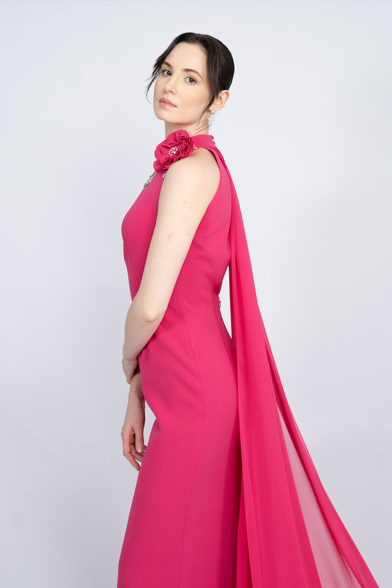 FUCHSIA HALTERNECK WITH LONG CAPE MAXI DRESS - CULT MIA
