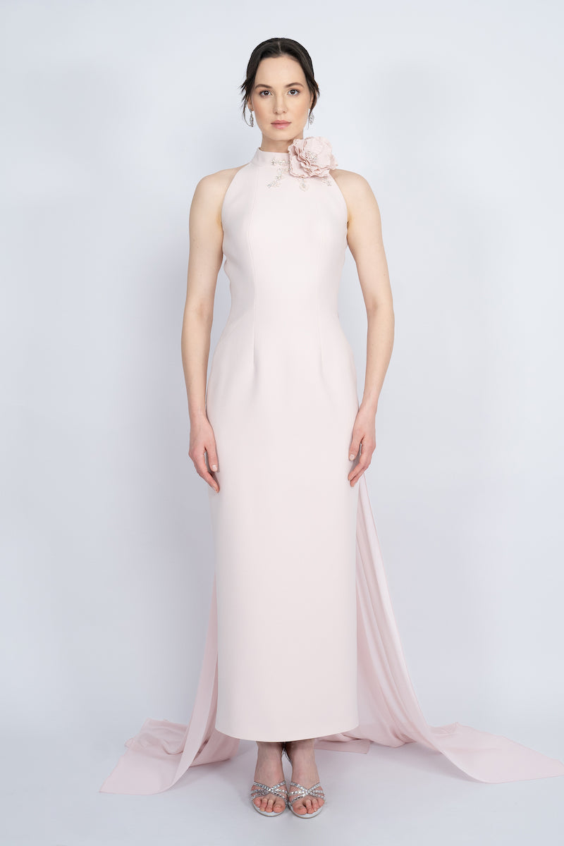 POWDER HALTERNECK WITH LONG CAPE MAXI DRESS - CULT MIA