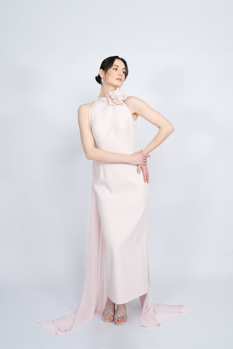 POWDER HALTERNECK WITH LONG CAPE MAXI DRESS - CULT MIA