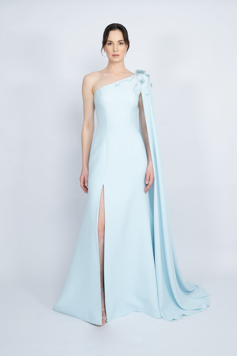 BLUE ONE-SHOULDER WITH LONG CAPE LONG DRESS - CULT MIA