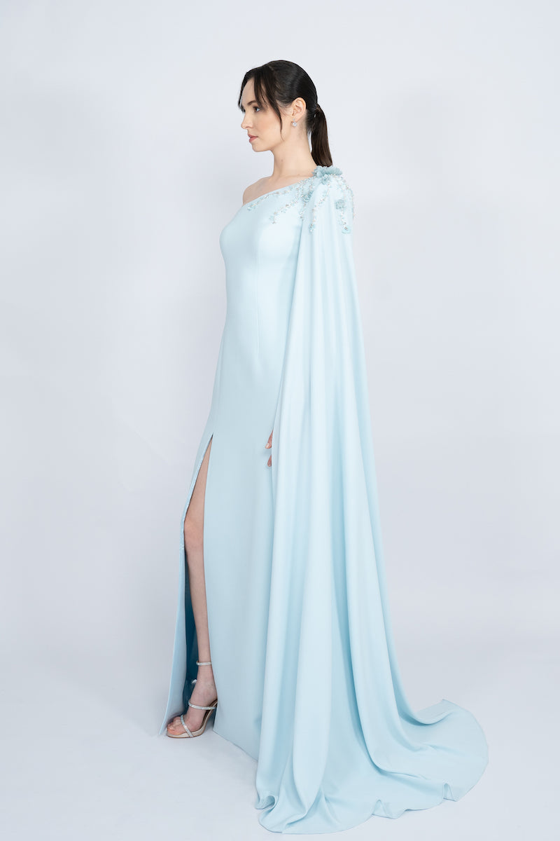 BLUE ONE-SHOULDER WITH LONG CAPE LONG DRESS - CULT MIA