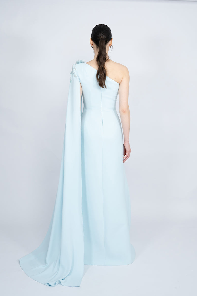 BLUE ONE-SHOULDER WITH LONG CAPE LONG DRESS - CULT MIA