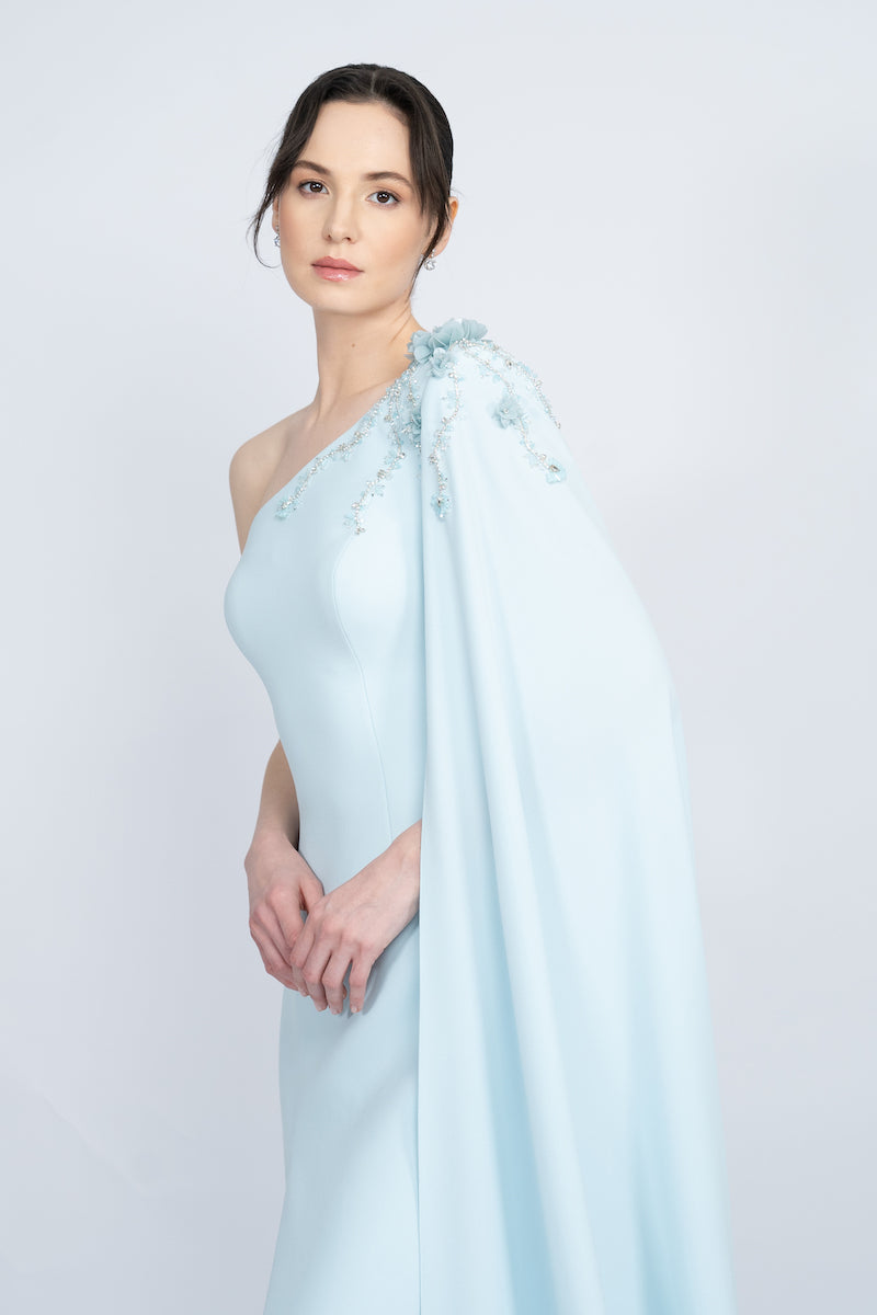 BLUE ONE-SHOULDER WITH LONG CAPE LONG DRESS - CULT MIA