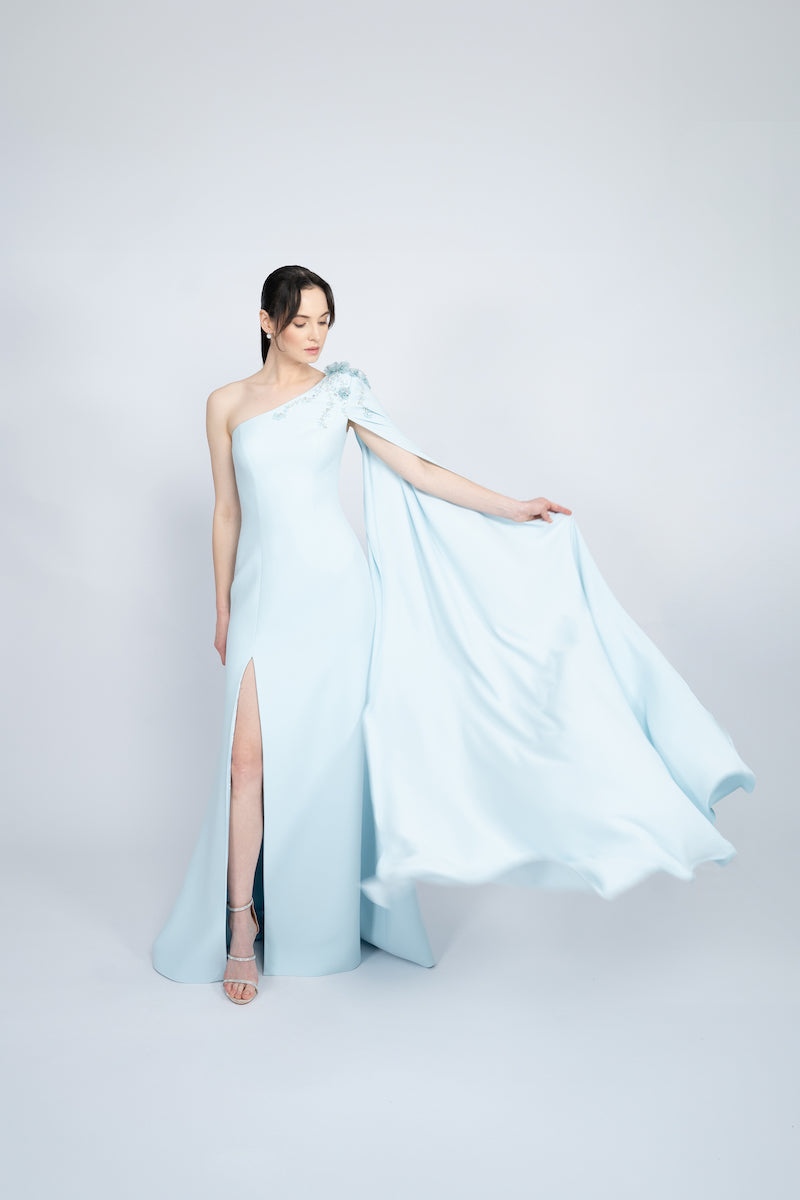 BLUE ONE-SHOULDER WITH LONG CAPE LONG DRESS - CULT MIA