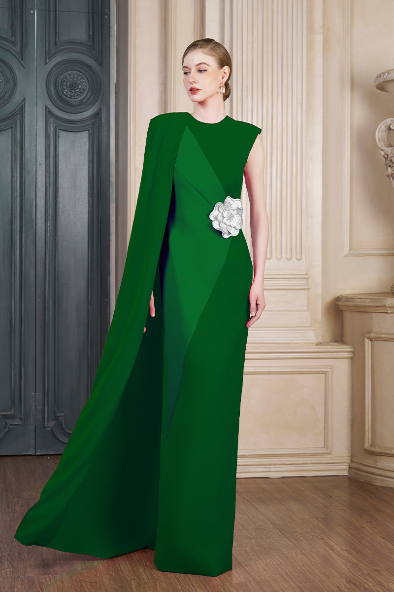 GREEN COLUMN GOWN WITH ATTACHED ONE SHOULDER LONG CAPE - CULT MIA