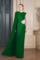 Green I.H.F gown with one-shoulder design and attached long cape, elegant formal dress for special occasions.