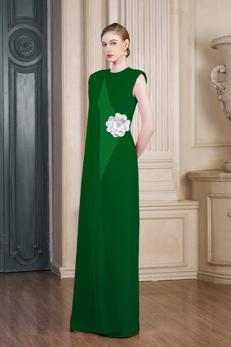 GREEN COLUMN GOWN WITH ATTACHED ONE SHOULDER LONG CAPE - CULT MIA