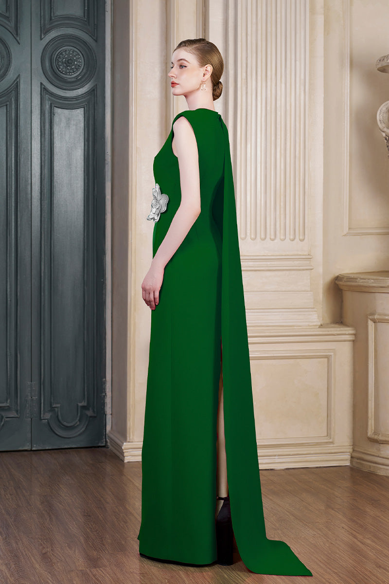 GREEN COLUMN GOWN WITH ATTACHED ONE SHOULDER LONG CAPE - CULT MIA