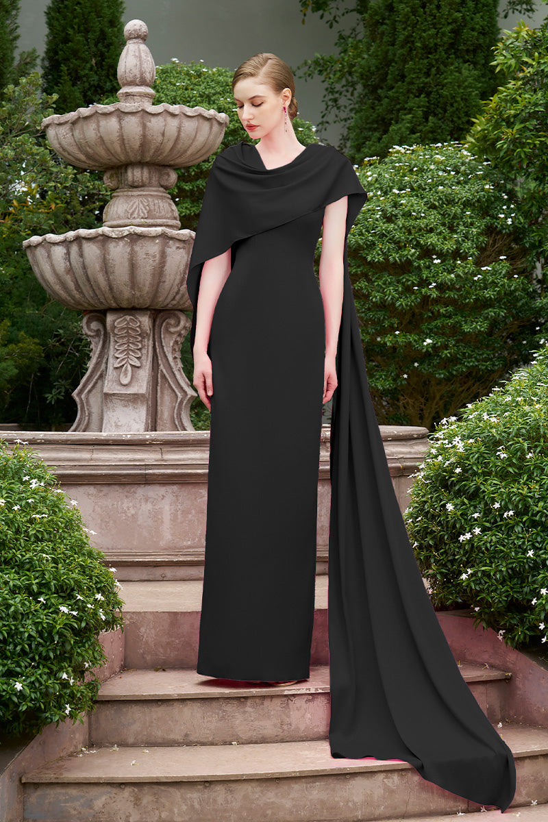 BLACK COLUMN GOWN WITH DRAPED RIBBON OVER THE SHOULDER | CULT MIA
