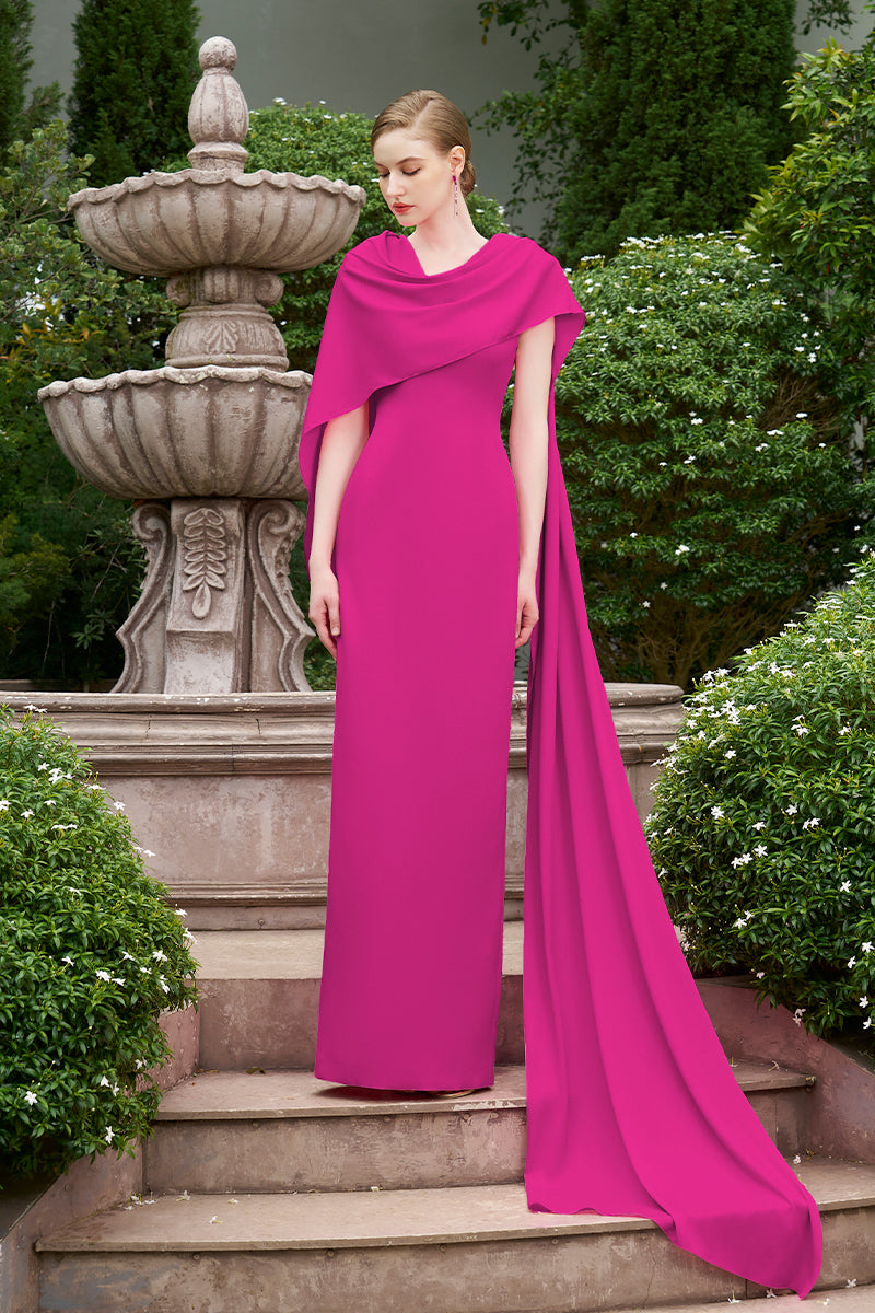 FUCHSIA COLUMN EVENING GOWN WITH DRAPED RIBBON OVER THE SHOULDER - CULT MIA