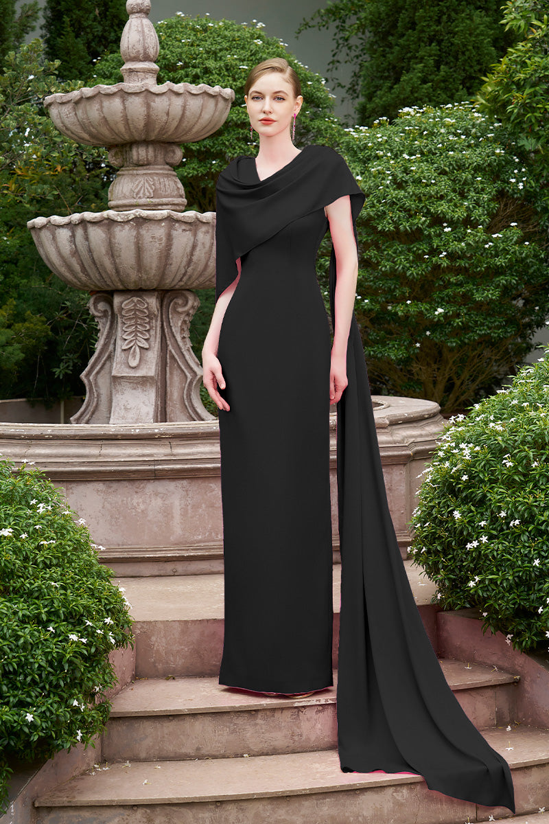 BLACK COLUMN GOWN WITH DRAPED RIBBON OVER THE SHOULDER - CULT MIA