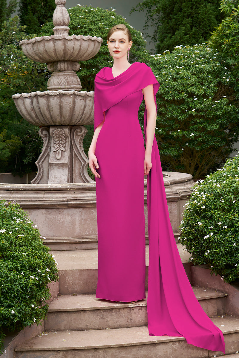 FUCHSIA COLUMN EVENING GOWN WITH DRAPED RIBBON OVER THE SHOULDER - CULT MIA