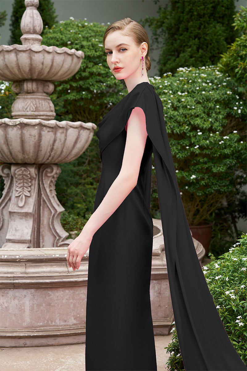 BLACK COLUMN GOWN WITH DRAPED RIBBON OVER THE SHOULDER - CULT MIA