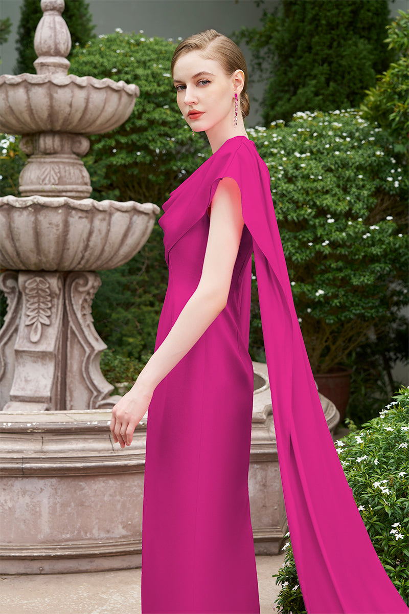 FUCHSIA COLUMN EVENING GOWN WITH DRAPED RIBBON OVER THE SHOULDER - CULT MIA