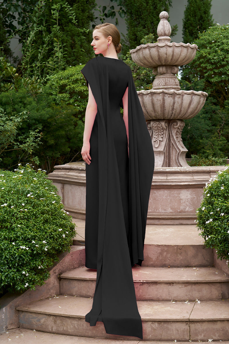 BLACK COLUMN GOWN WITH DRAPED RIBBON OVER THE SHOULDER - CULT MIA