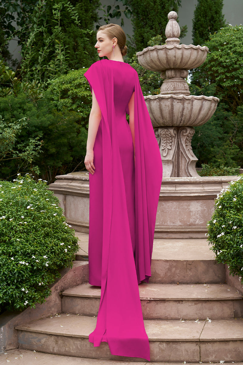 FUCHSIA COLUMN EVENING GOWN WITH DRAPED RIBBON OVER THE SHOULDER - CULT MIA