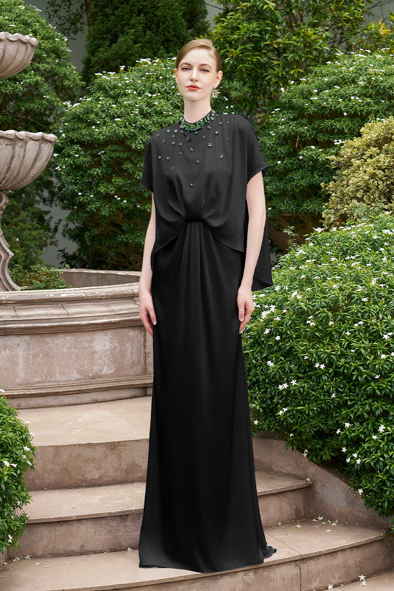 BLACK MERMAID GOWN WITH HIGH NECK AND GATHERED WAISTLINE - CULT MIA