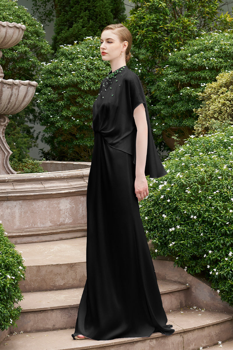 BLACK MERMAID GOWN WITH HIGH NECK AND GATHERED WAISTLINE - CULT MIA