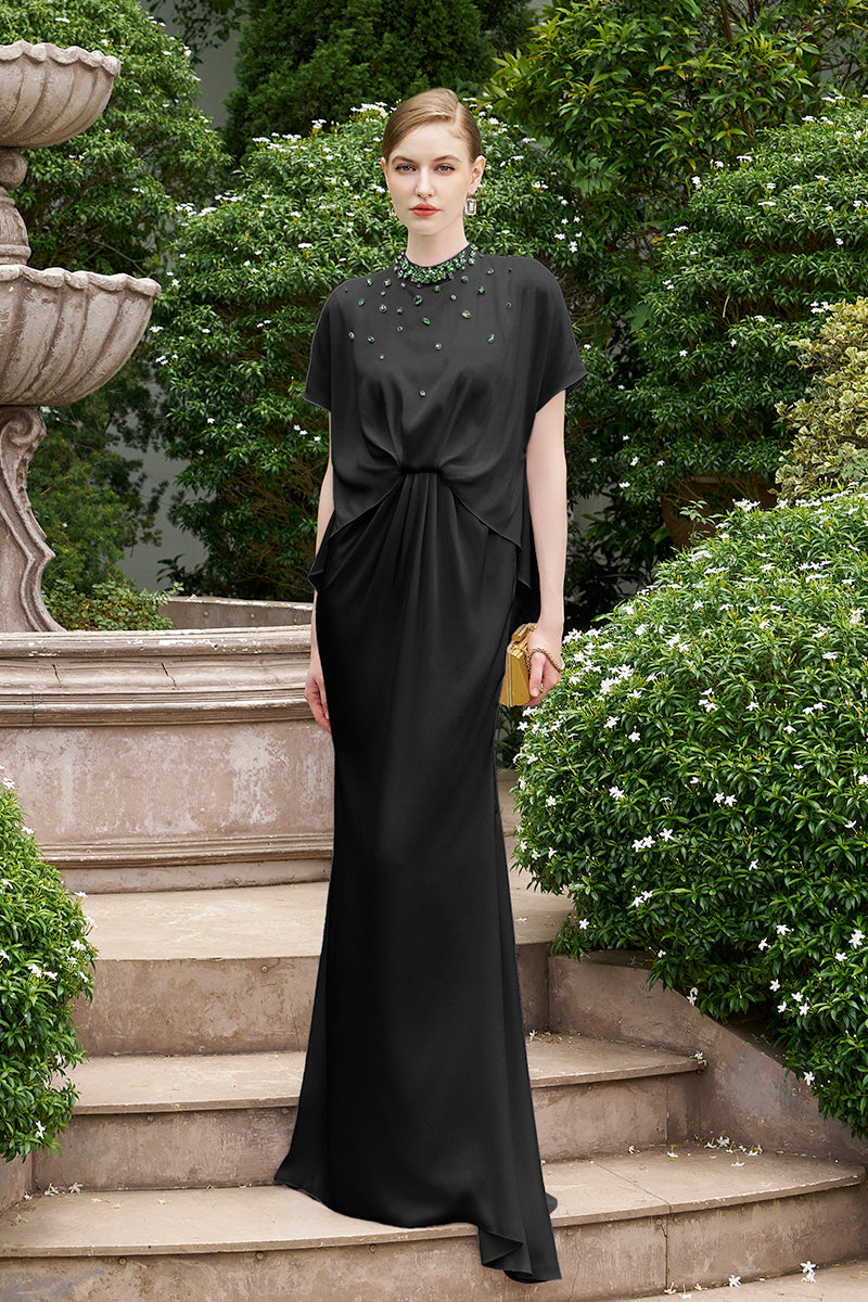 BLACK MERMAID GOWN WITH HIGH NECK AND GATHERED WAISTLINE - CULT MIA