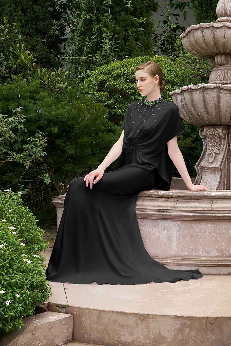 BLACK MERMAID GOWN WITH HIGH NECK AND GATHERED WAISTLINE - CULT MIA