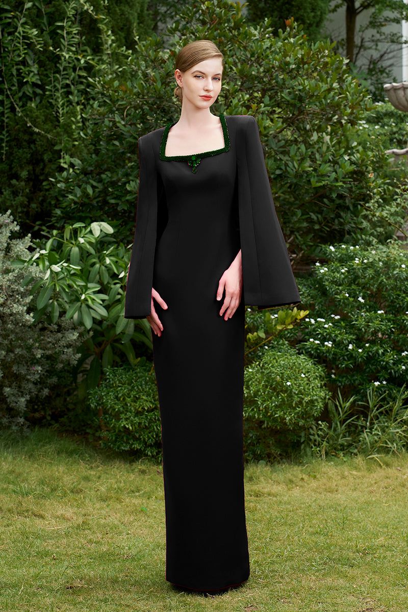 BLACK COLUMN EVENING GOWN WITH TRAPEZE NECKLINE AND LONG SLIT SLEEVES - CULT MIA