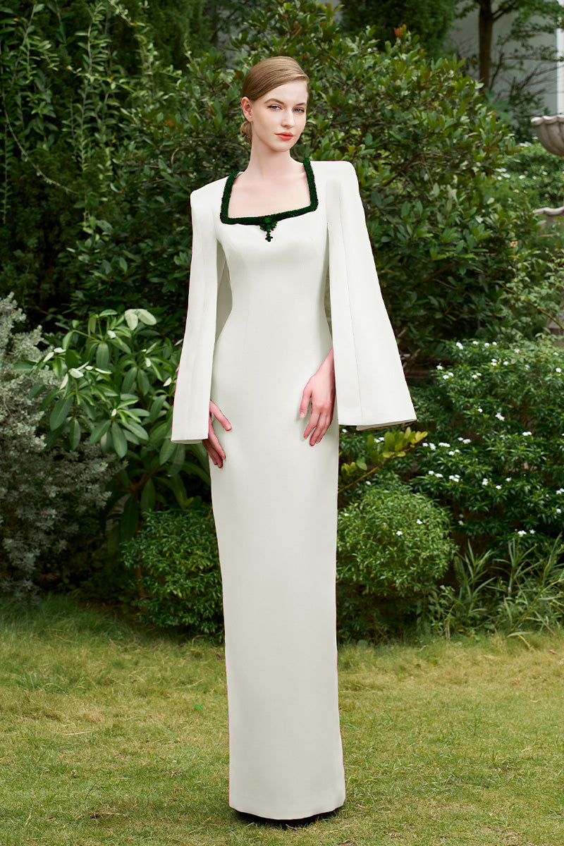 WHITE COLUMN GOWN WITH TRAPEZE NECKLINE AND LONG SLIT SLEEVES - CULT MIA