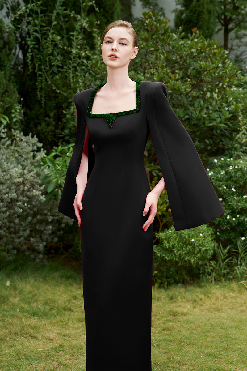 BLACK COLUMN EVENING GOWN WITH TRAPEZE NECKLINE AND LONG SLIT SLEEVES - CULT MIA