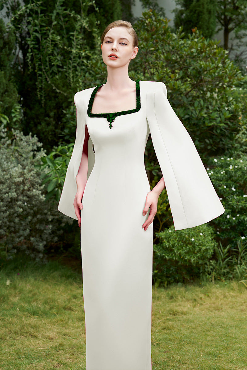 WHITE COLUMN GOWN WITH TRAPEZE NECKLINE AND LONG SLIT SLEEVES - CULT MIA