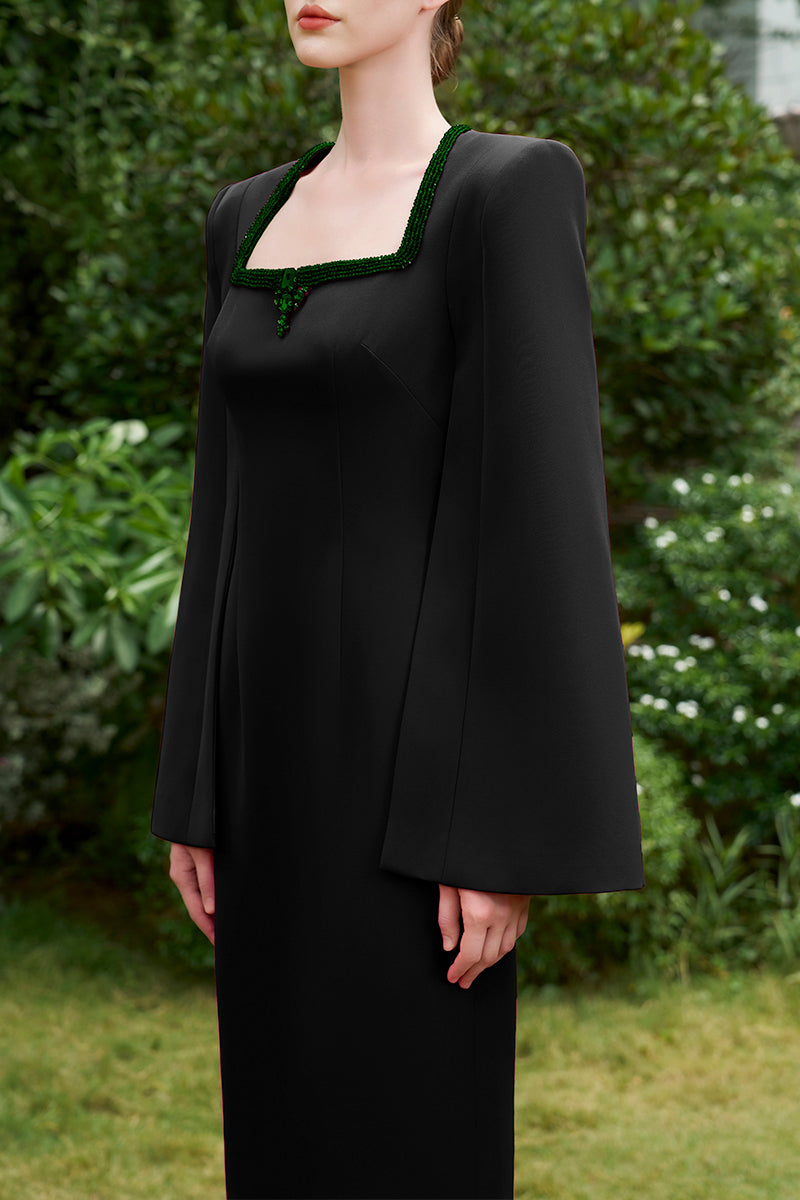 BLACK COLUMN EVENING GOWN WITH TRAPEZE NECKLINE AND LONG SLIT SLEEVES - CULT MIA