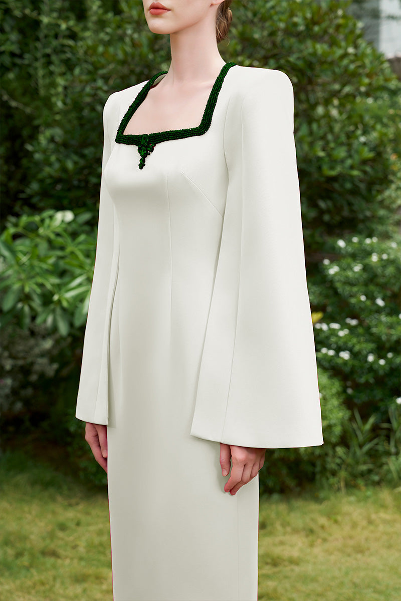 WHITE COLUMN GOWN WITH TRAPEZE NECKLINE AND LONG SLIT SLEEVES - CULT MIA
