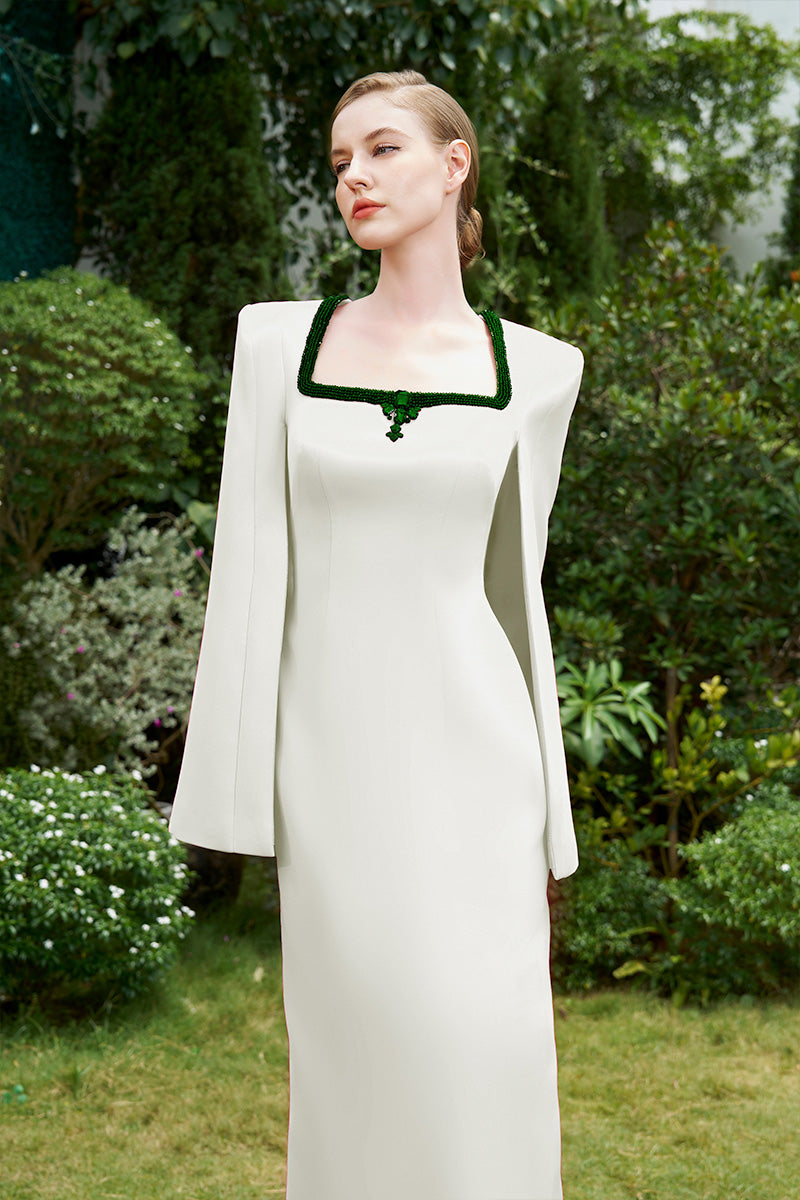 WHITE COLUMN GOWN WITH TRAPEZE NECKLINE AND LONG SLIT SLEEVES - CULT MIA