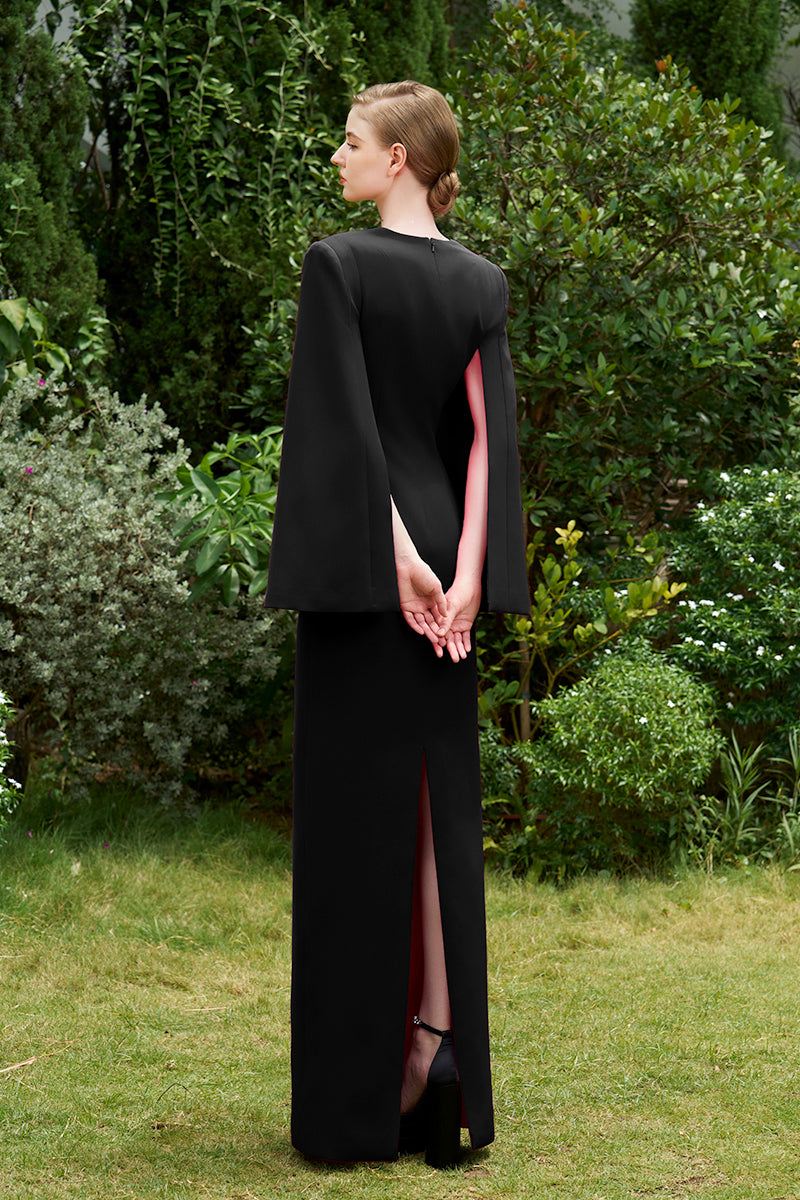 BLACK COLUMN EVENING GOWN WITH TRAPEZE NECKLINE AND LONG SLIT SLEEVES - CULT MIA