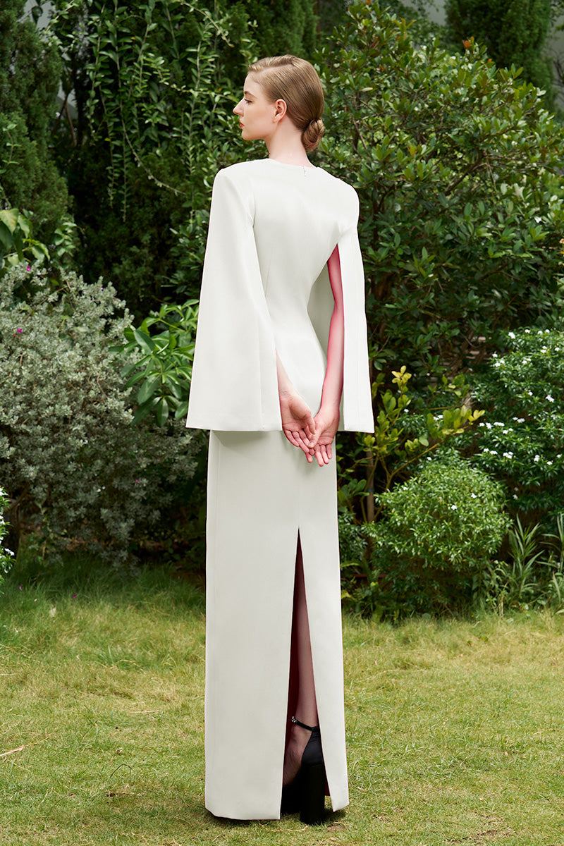 WHITE COLUMN GOWN WITH TRAPEZE NECKLINE AND LONG SLIT SLEEVES - CULT MIA