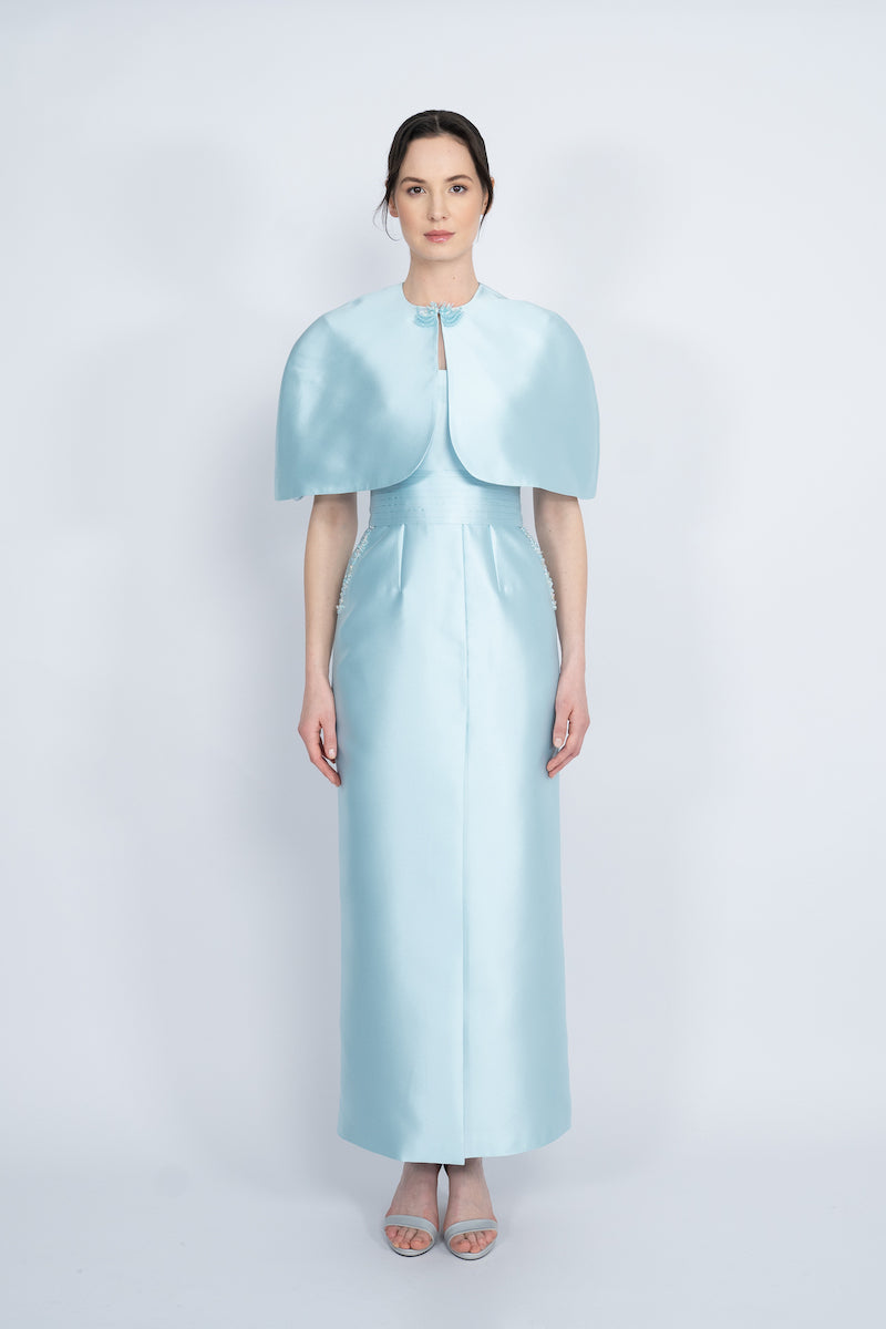 BLUE DETACHABLE MINI CAPE JACKET MAXI DRESS - CULT MIA