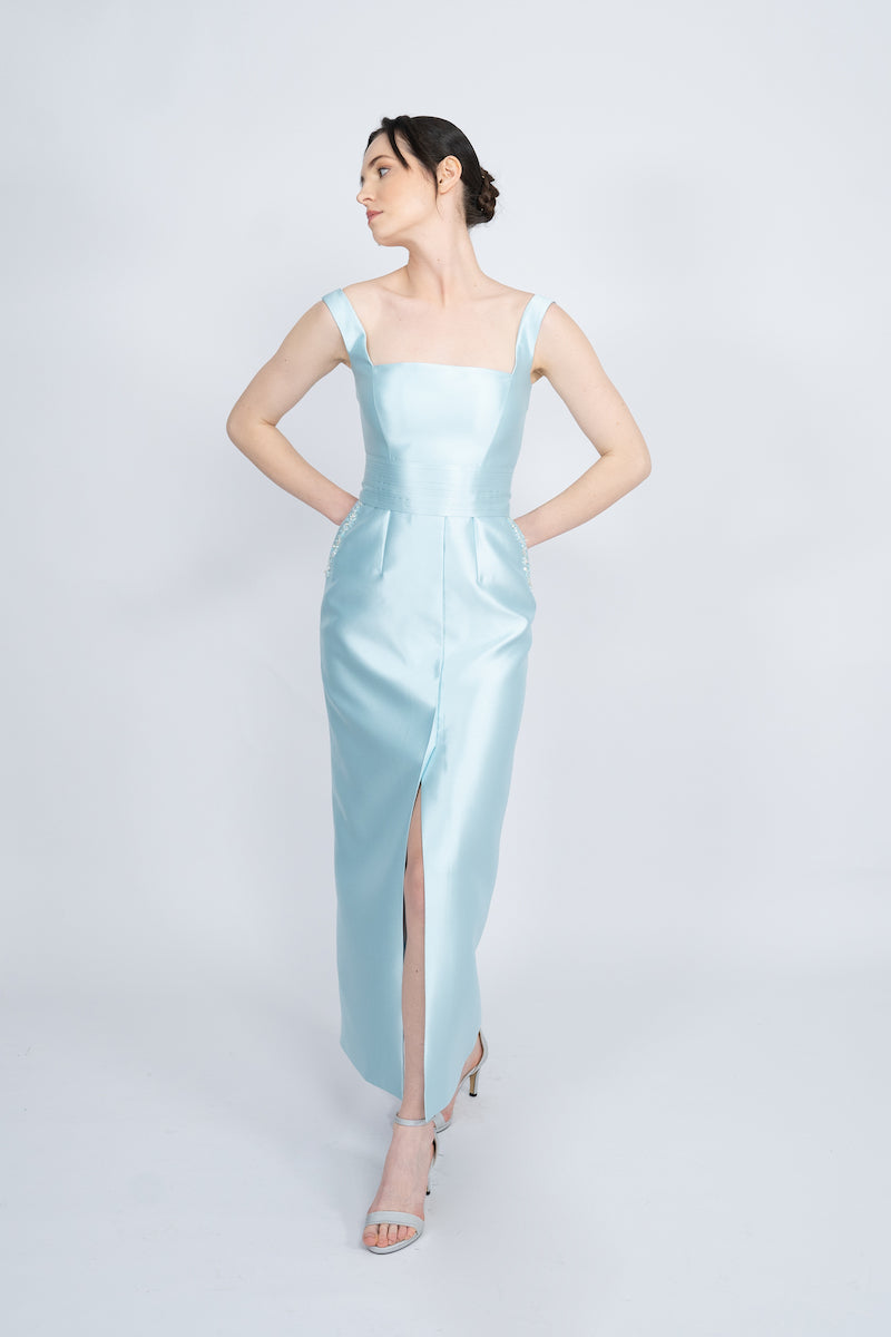 BLUE DETACHABLE MINI CAPE JACKET MAXI DRESS - CULT MIA