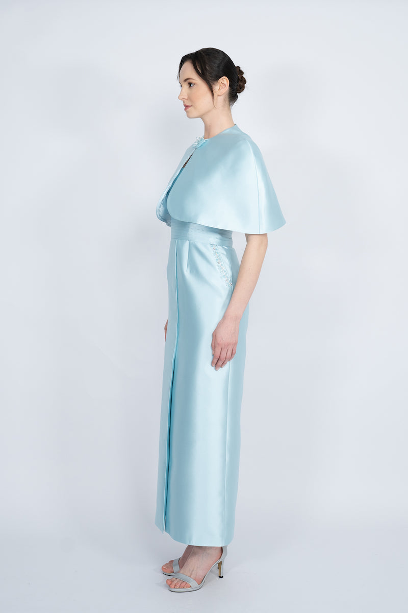 BLUE DETACHABLE MINI CAPE JACKET MAXI DRESS - CULT MIA
