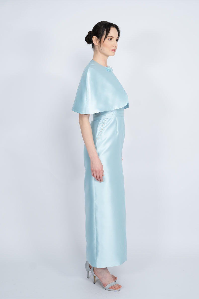 BLUE DETACHABLE MINI CAPE JACKET MAXI DRESS - CULT MIA