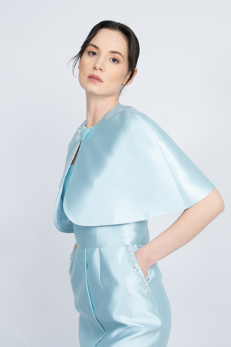 BLUE DETACHABLE MINI CAPE JACKET MAXI DRESS - CULT MIA