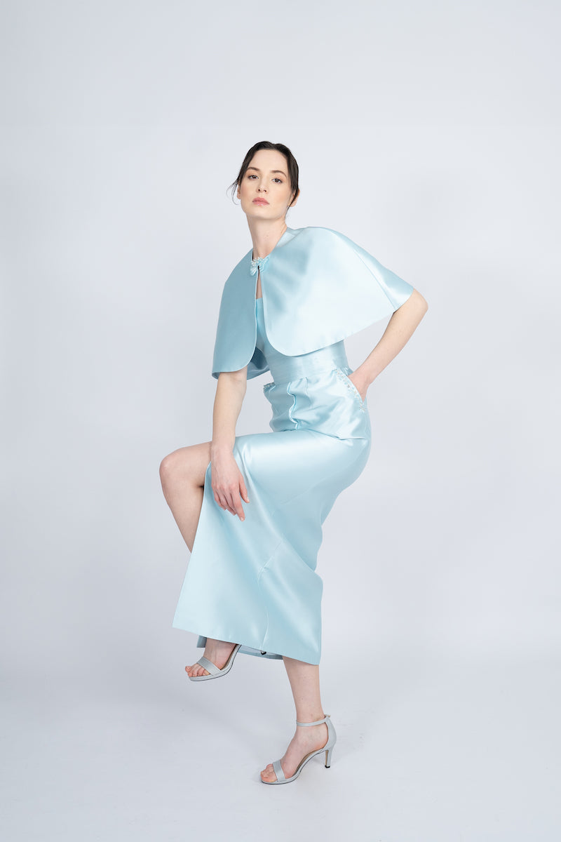 BLUE DETACHABLE MINI CAPE JACKET MAXI DRESS - CULT MIA