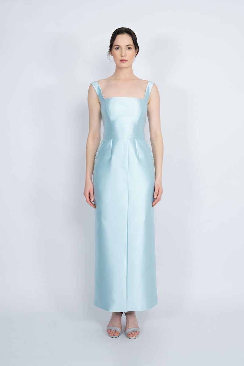 BLUE DETACHABLE MINI CAPE JACKET MAXI DRESS - CULT MIA