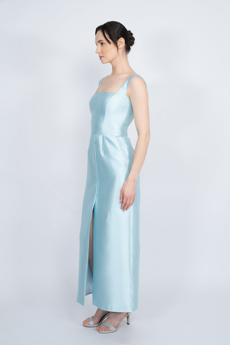 BLUE DETACHABLE MINI CAPE JACKET MAXI DRESS - CULT MIA