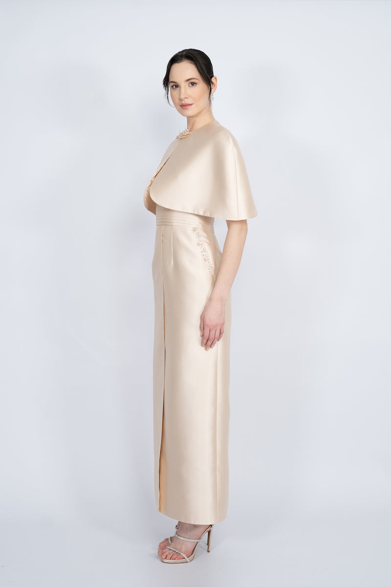 NUDE DETACHABLE MINI CAPE JACKET MAXI DRESS - CULT MIA
